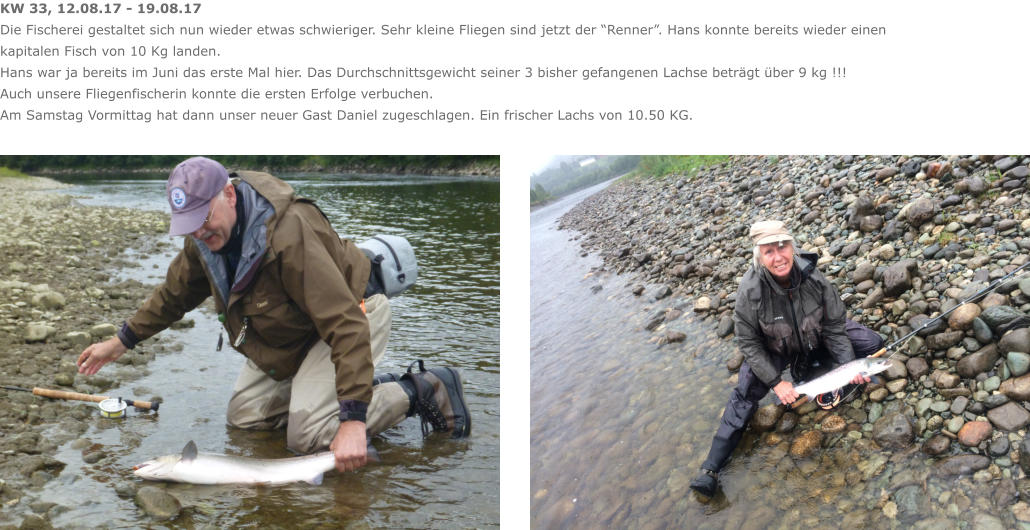 KW 33, 12.08.17 - 19.08.17 Die Fischerei gestaltet sich nun wieder etwas schwieriger. Sehr kleine Fliegen sind jetzt der “Renner”. Hans konnte bereits wieder einen kapitalen Fisch von 10 Kg landen. Hans war ja bereits im Juni das erste Mal hier. Das Durchschnittsgewicht seiner 3 bisher gefangenen Lachse beträgt über 9 kg !!! Auch unsere Fliegenfischerin konnte die ersten Erfolge verbuchen. Am Samstag Vormittag hat dann unser neuer Gast Daniel zugeschlagen. Ein frischer Lachs von 10.50 KG.